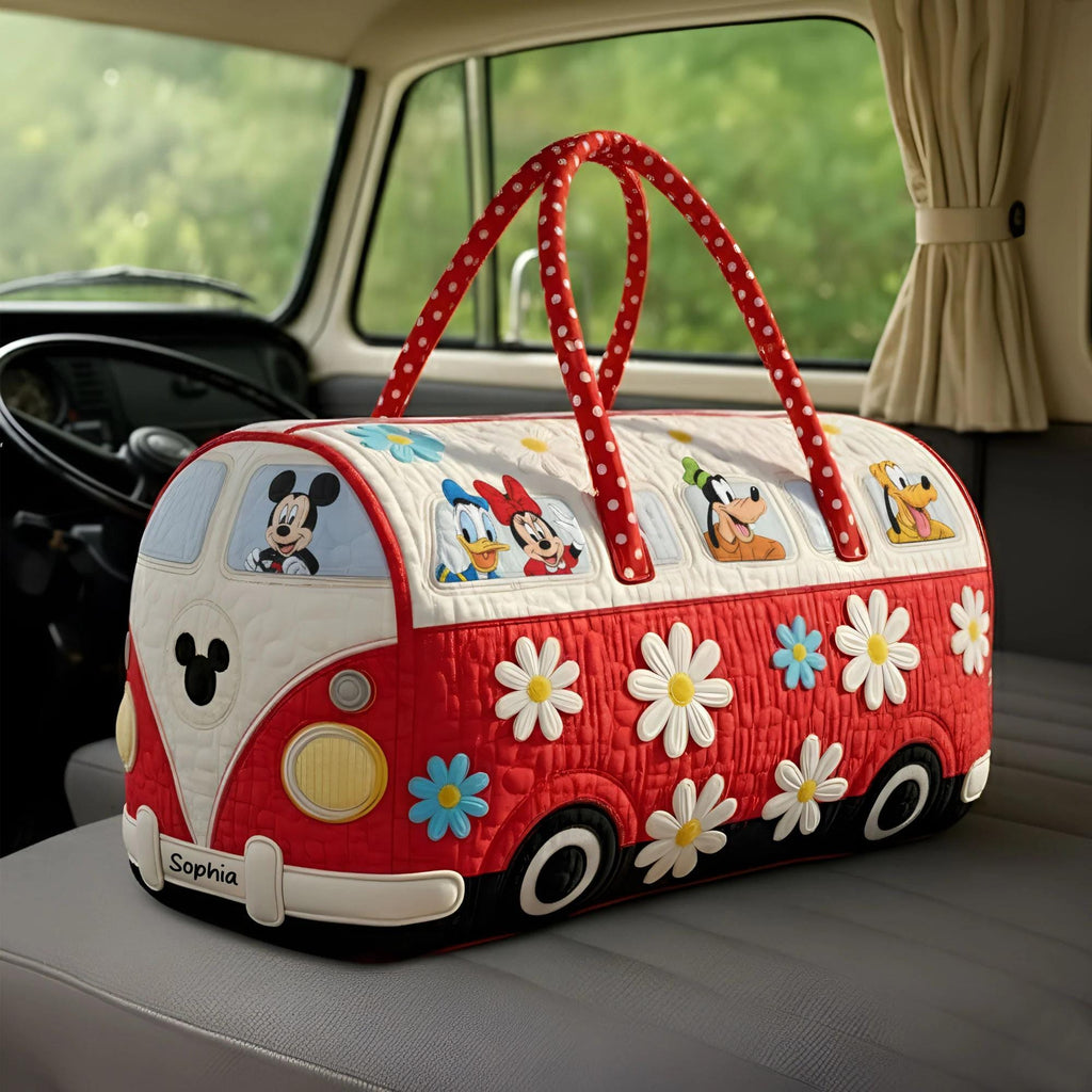 Personalized Quilted Duffle Bag – Mouse Friends Travel Weekender Tote, Custom Name Kids Overnight Bag, Cute Gift for Children