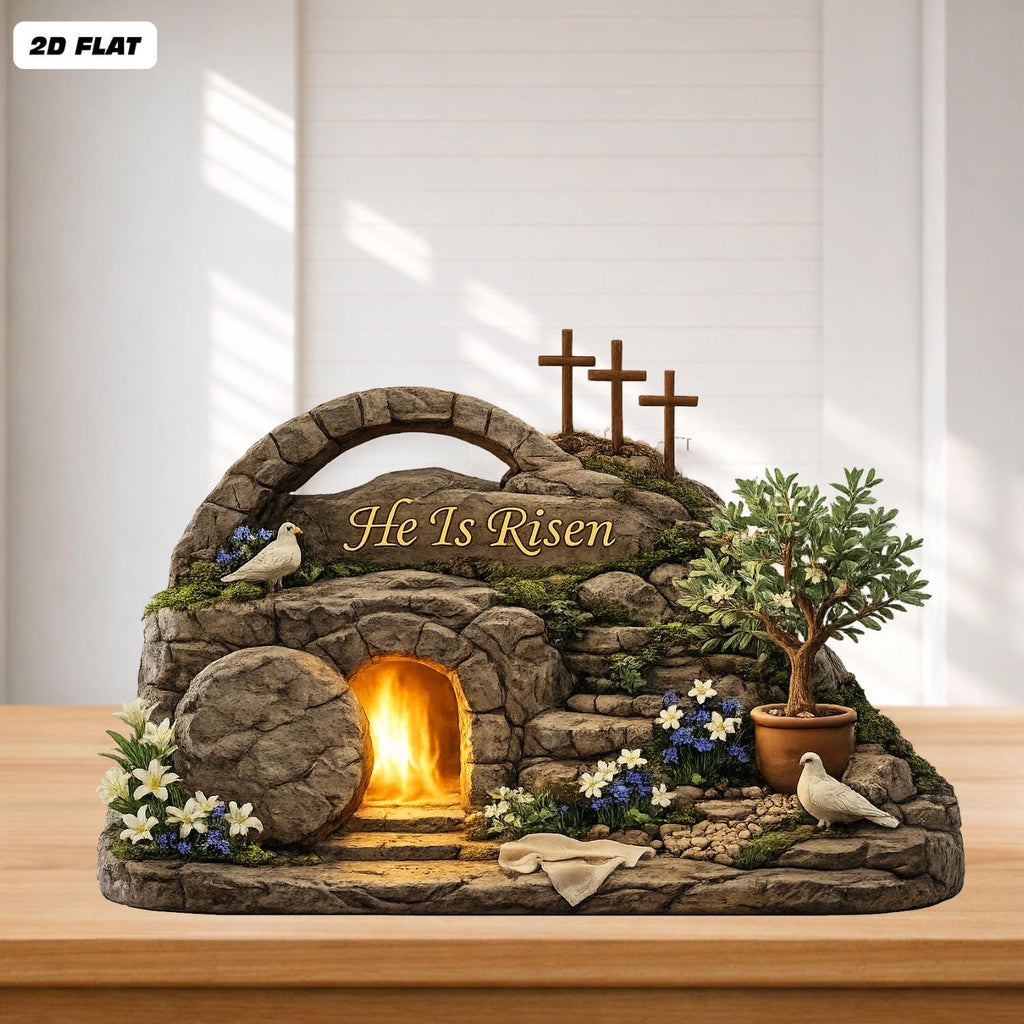 Easter He is Risen Lighted Tomb Diorama Wooden Block, Christian Spring Table Decor, Religious Centerpiece for Easter, Faith Home Decor Gift