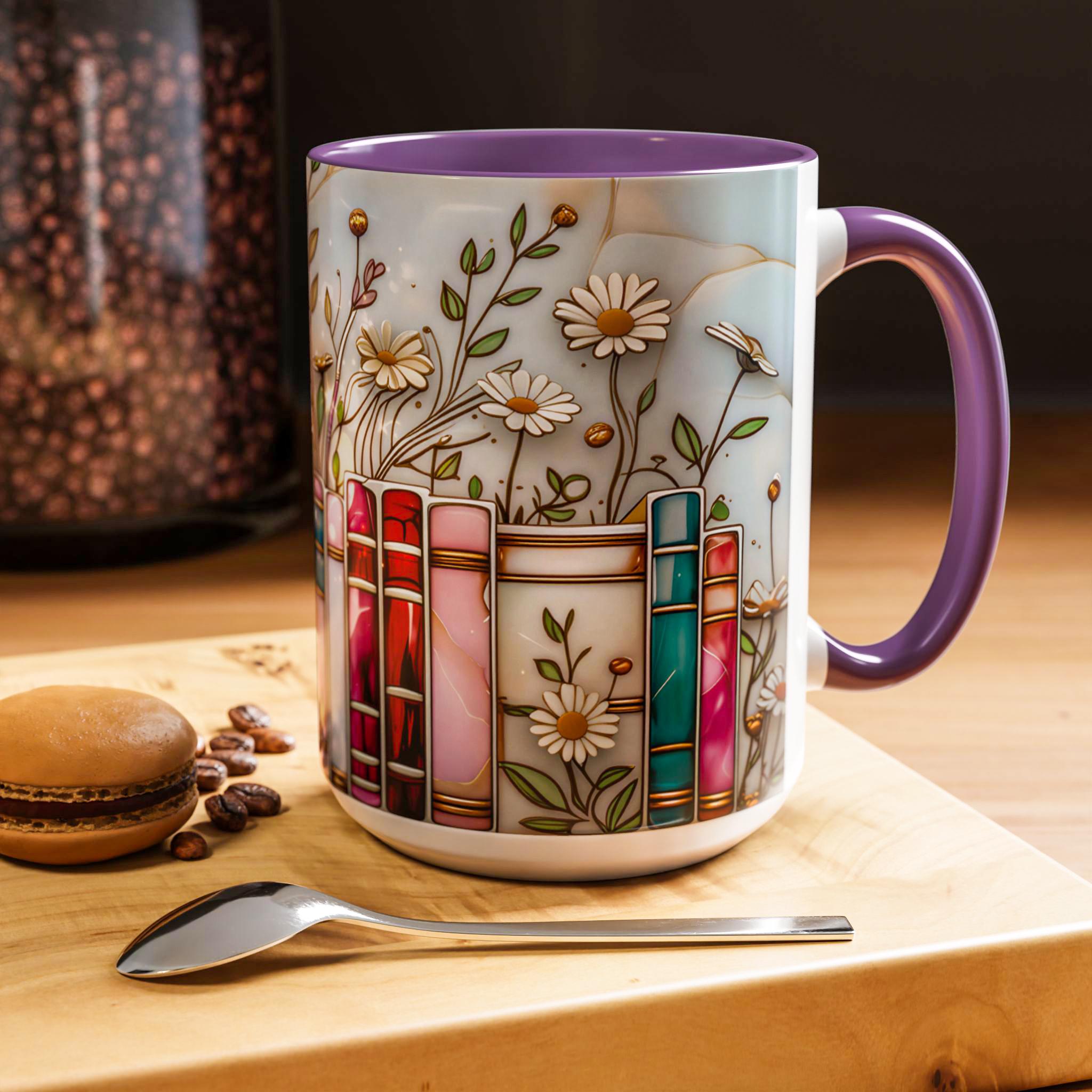 Stained Glass Floral Bookshelf Mug 15oz _ Book Lover Mug, Bookish Library Cup, Ceramic Coffee Cup, Aesthetic Library Decor for Her