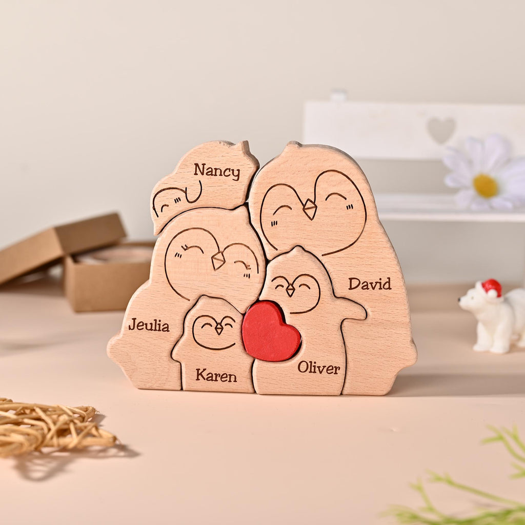 Personalized Penguin Family Puzzle, Custom Wooden Puzzle for Family With 2-5 Names, Gift for Couples & Parents, Unique Wooden Keepsake Gift