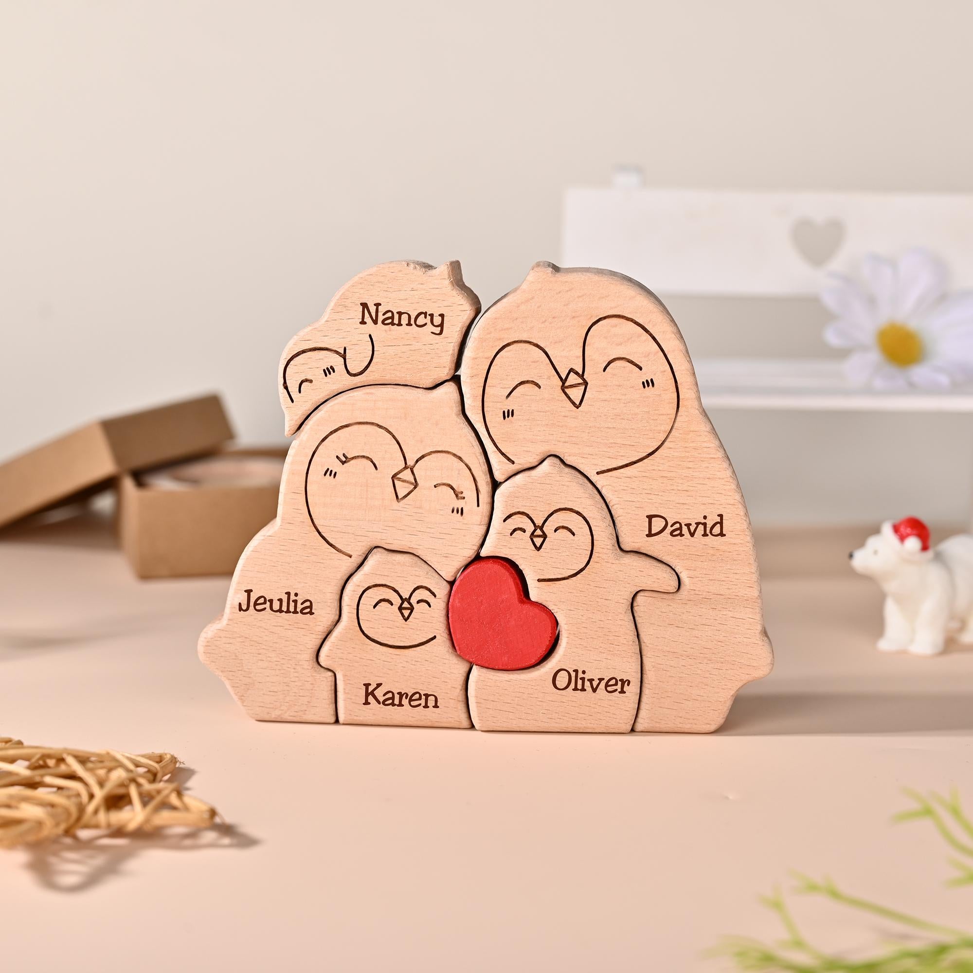 Personalized Penguin Family Puzzle, Custom Wooden Puzzle for Family With 2-5 Names, Gift for Couples & Parents, Unique Wooden Keepsake Gift