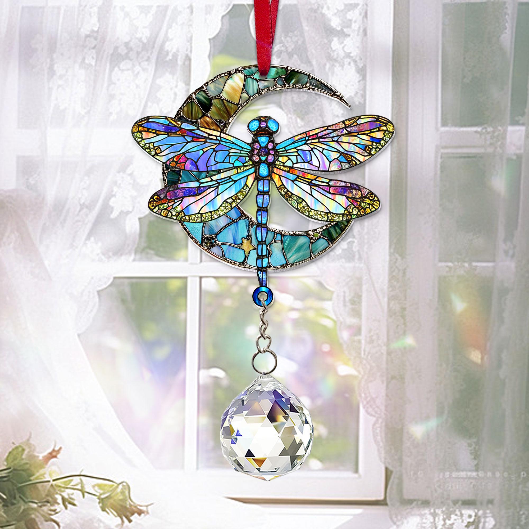 Dragonfly Acrylic Suncatcher With Crystal, Dragonfly Moon Window Hanging, Dragonfly Ornament, Dragonfly Gift, Gift for Mom, Garden Decor