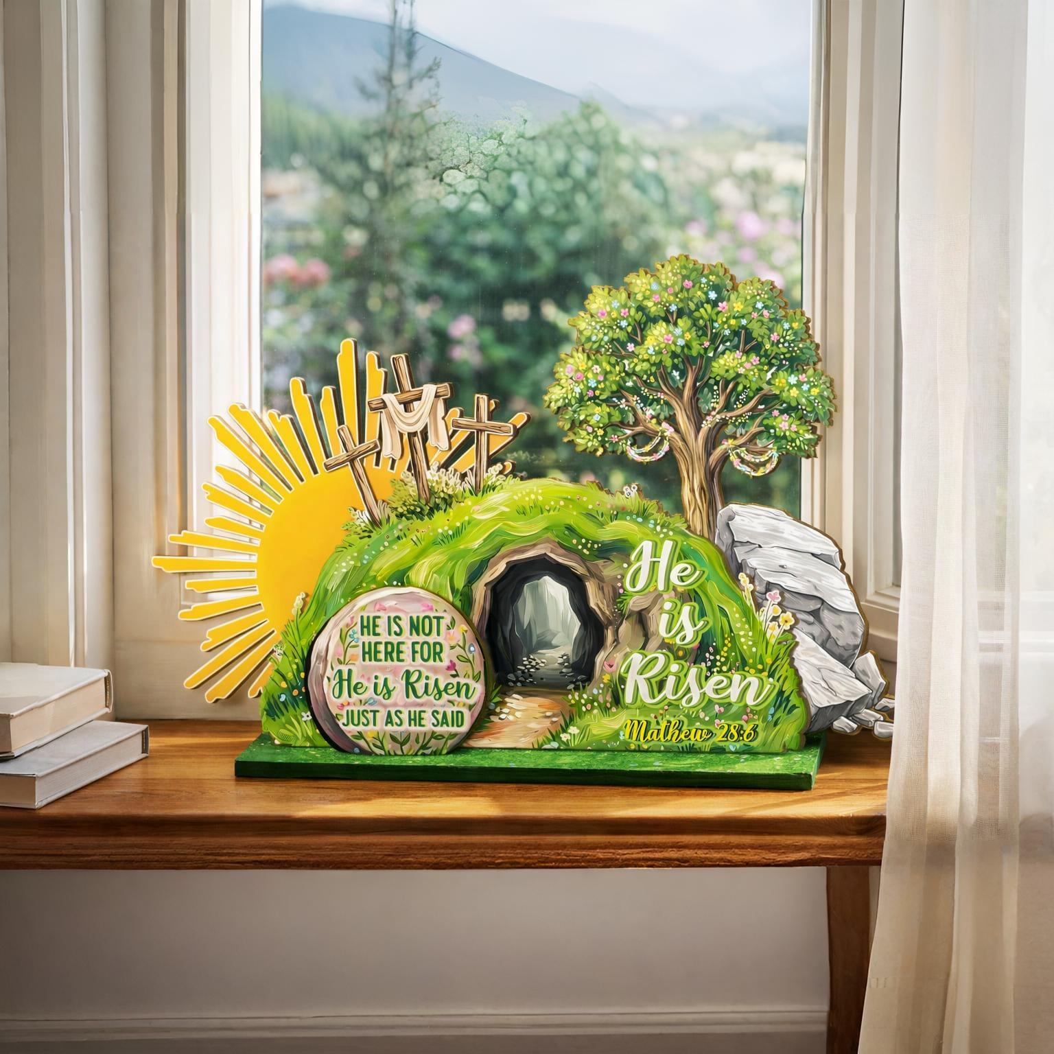He is Risen Easte Wooden Block, Christian Resurrection Table Sign, Religious Home Decor Gift, Empty Tomb Cross Wood Shelf