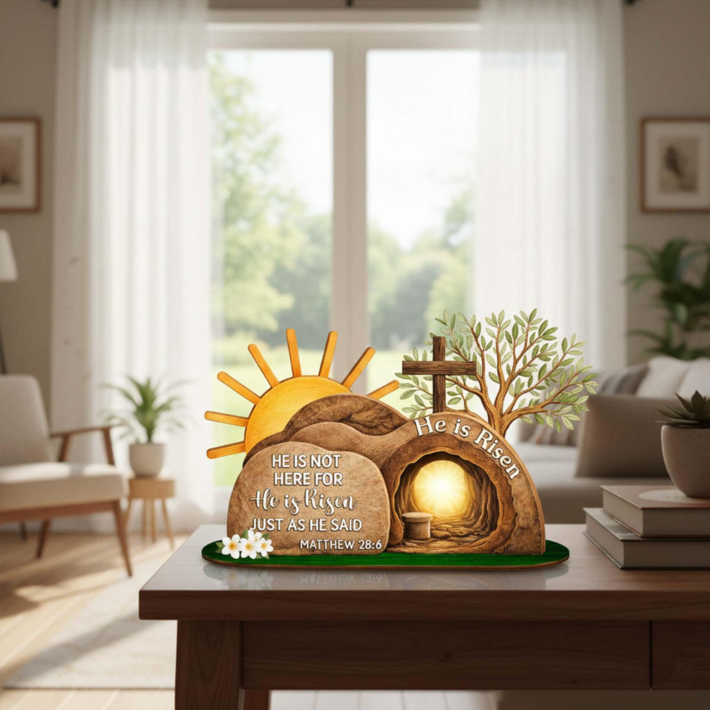 He is Risen Wooden Standing, Easter Resurrection Scene Sign, Christian Empty Tomb Tabletop Display, Easter Faith Gift, Bible Verse Art