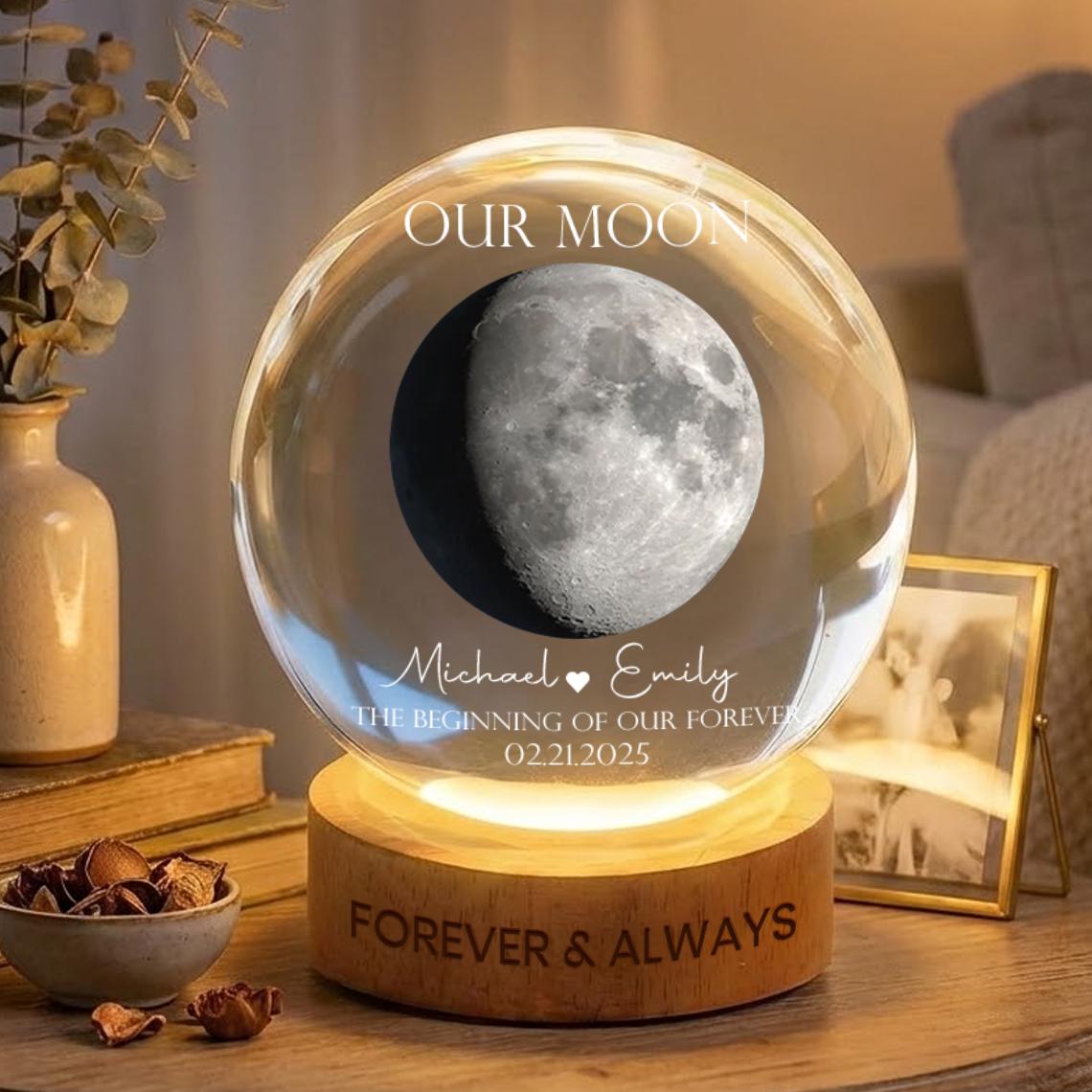 Personalized Moon Phase Anniversary Crystal Ball Lamp_ Engraved Wood Base Custom Keepsake