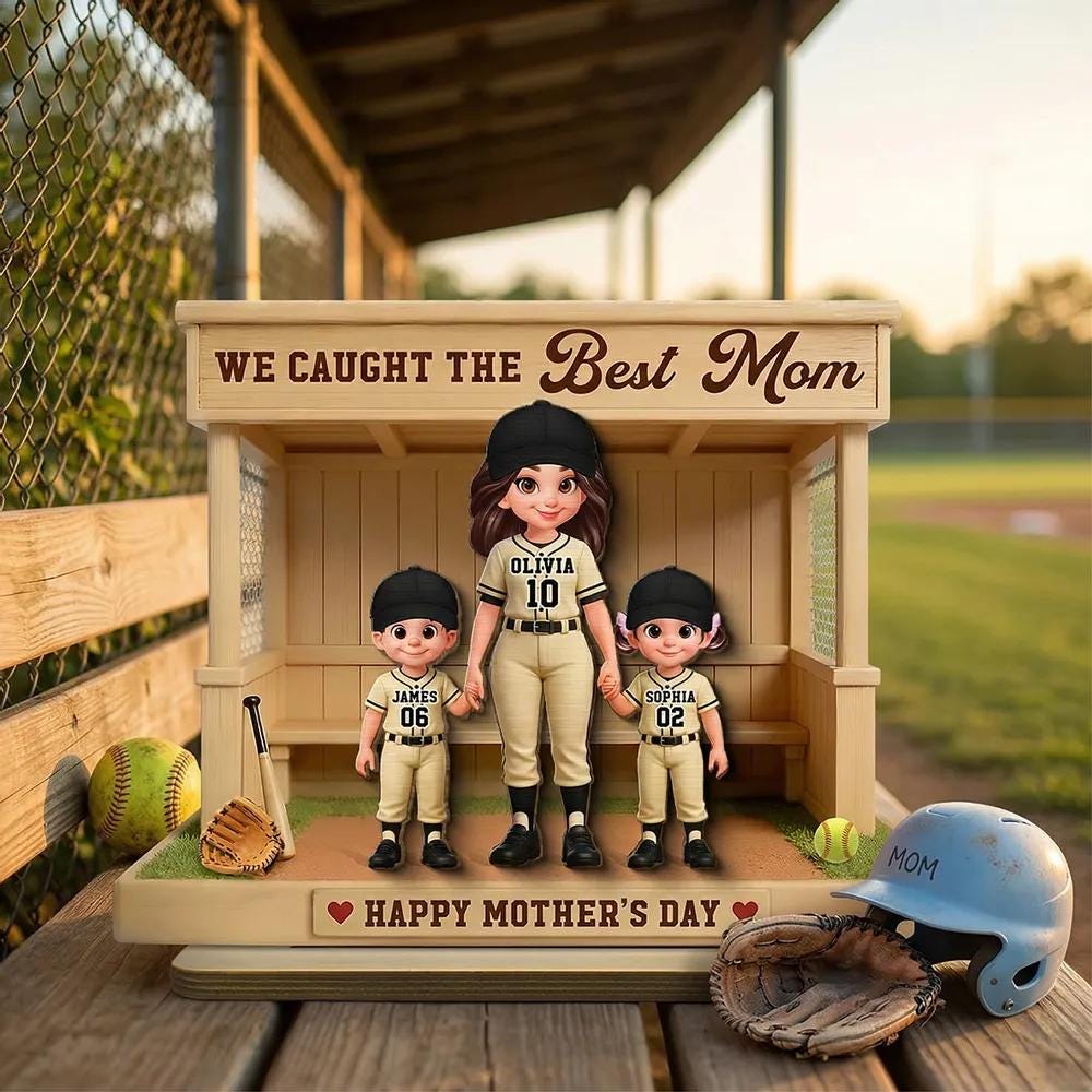 Personalized Softball Mom Gift Wooden Standee, Custom Mom Kids Dugout Figurine, Mother's Day Birthday Gift for Mom Family Keepsake Decor