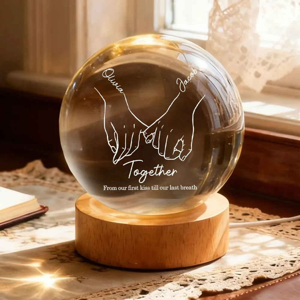 Couple Interlocked Hands - Personalized Crystal Ball LED Night Light, Valentines Day Wedding Anniversary Gift For Couple