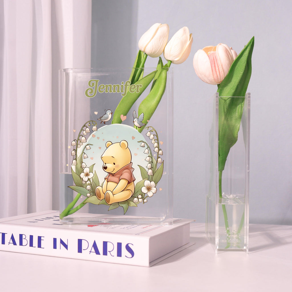 Winnie the Pooh Acrylic Book Vase, Cute Bear Bookish Vase, Lily of the Valley Book Shaped Vase Decor, Personalized Gift for Cartoon Lovers