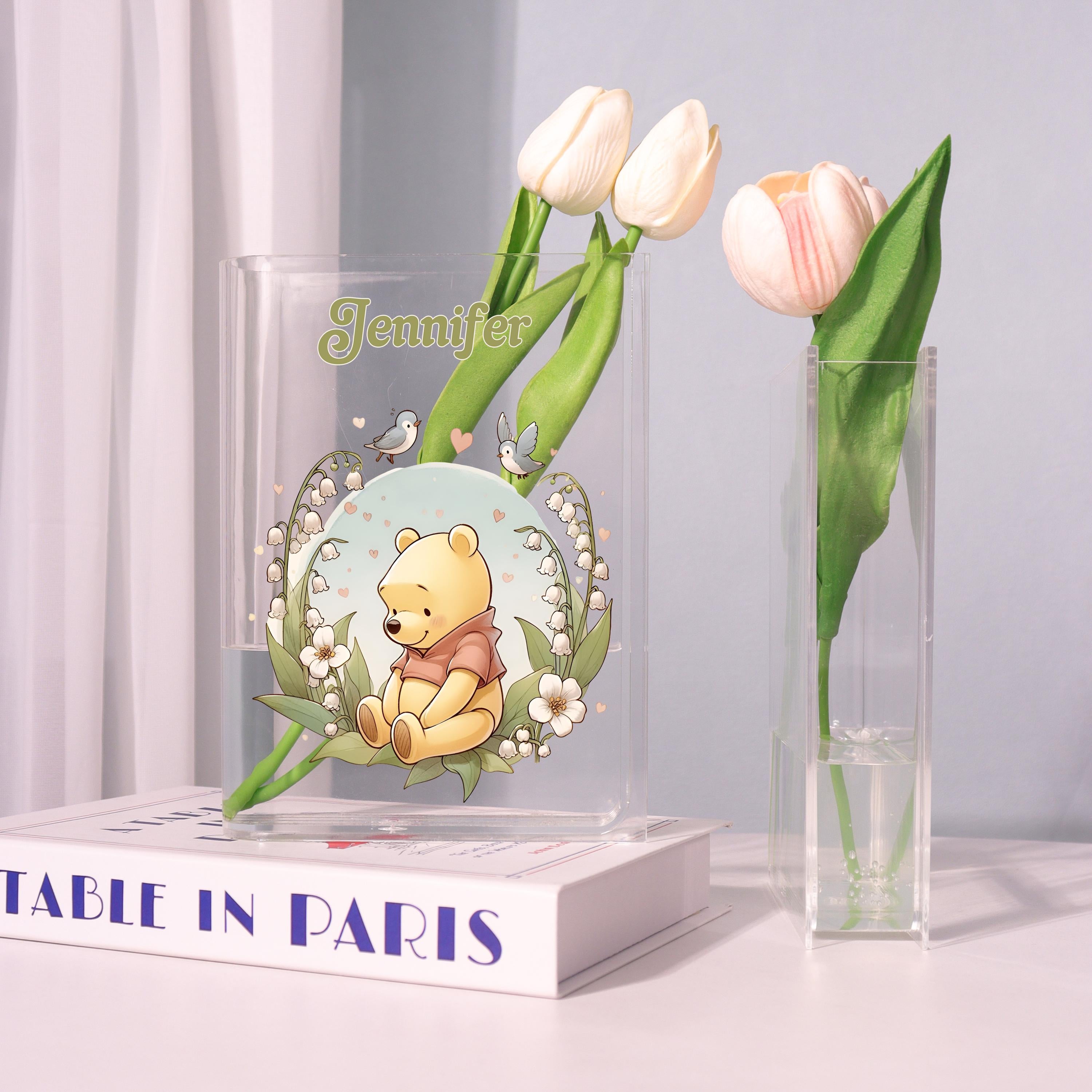 Winnie the Pooh Acrylic Book Vase, Cute Bear Bookish Vase, Lily of the Valley Book Shaped Vase Decor, Personalized Gift for Cartoon Lovers