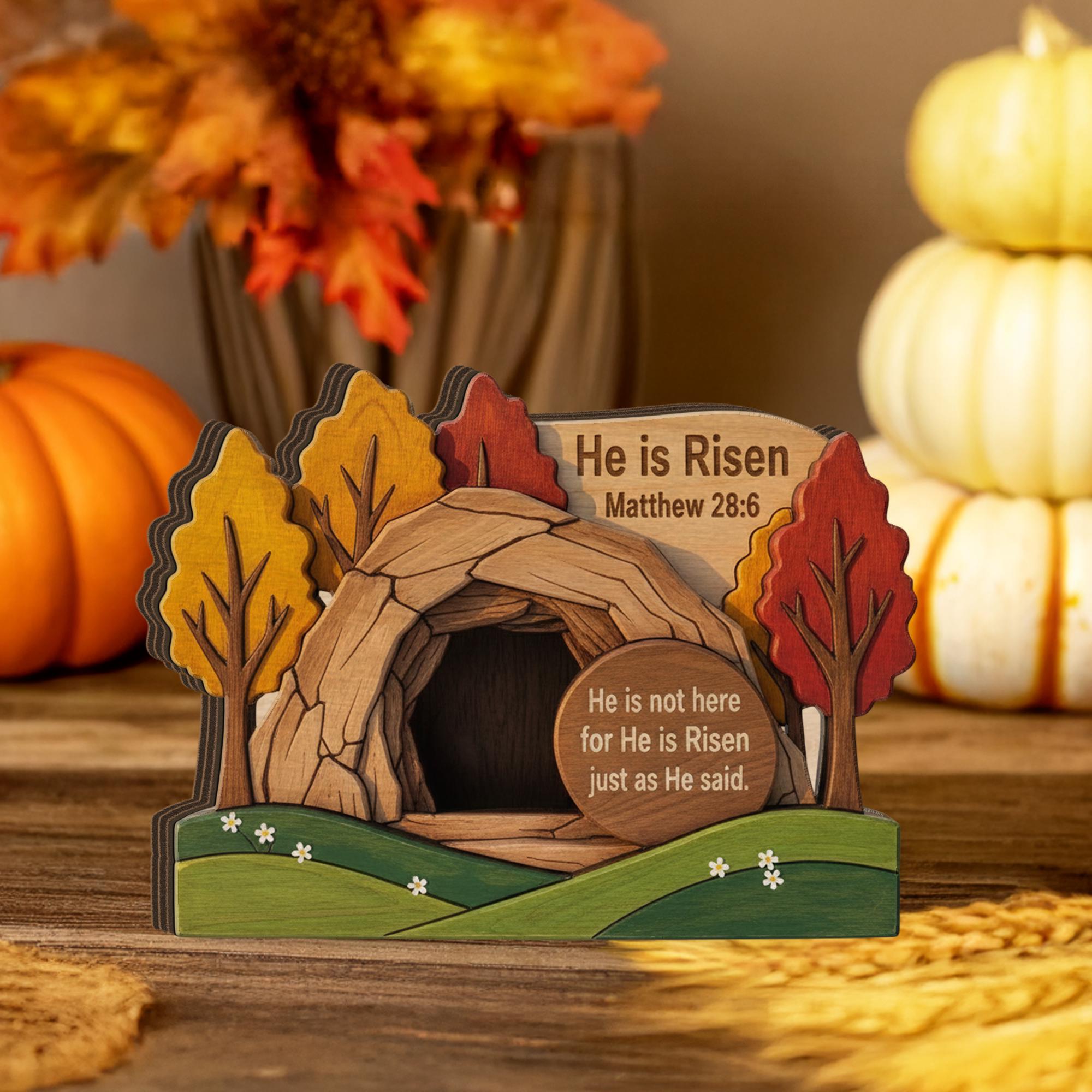Wooden Block, 3 Layer Empty Tomb Scene, Matthew 28_6 Bible Verse Decor, He is Risen Wood Sign_ Jesus Resurrection Scene, Easter Decor