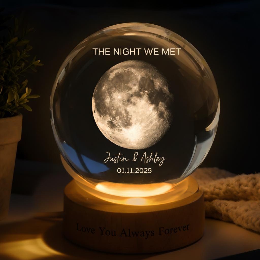 Our Moon Special Day Custom Moon Phase, Personalized Crystal Ball LED Night Light, Valentine's Day Gift for Couple, Husband, Boyfriend, Wife