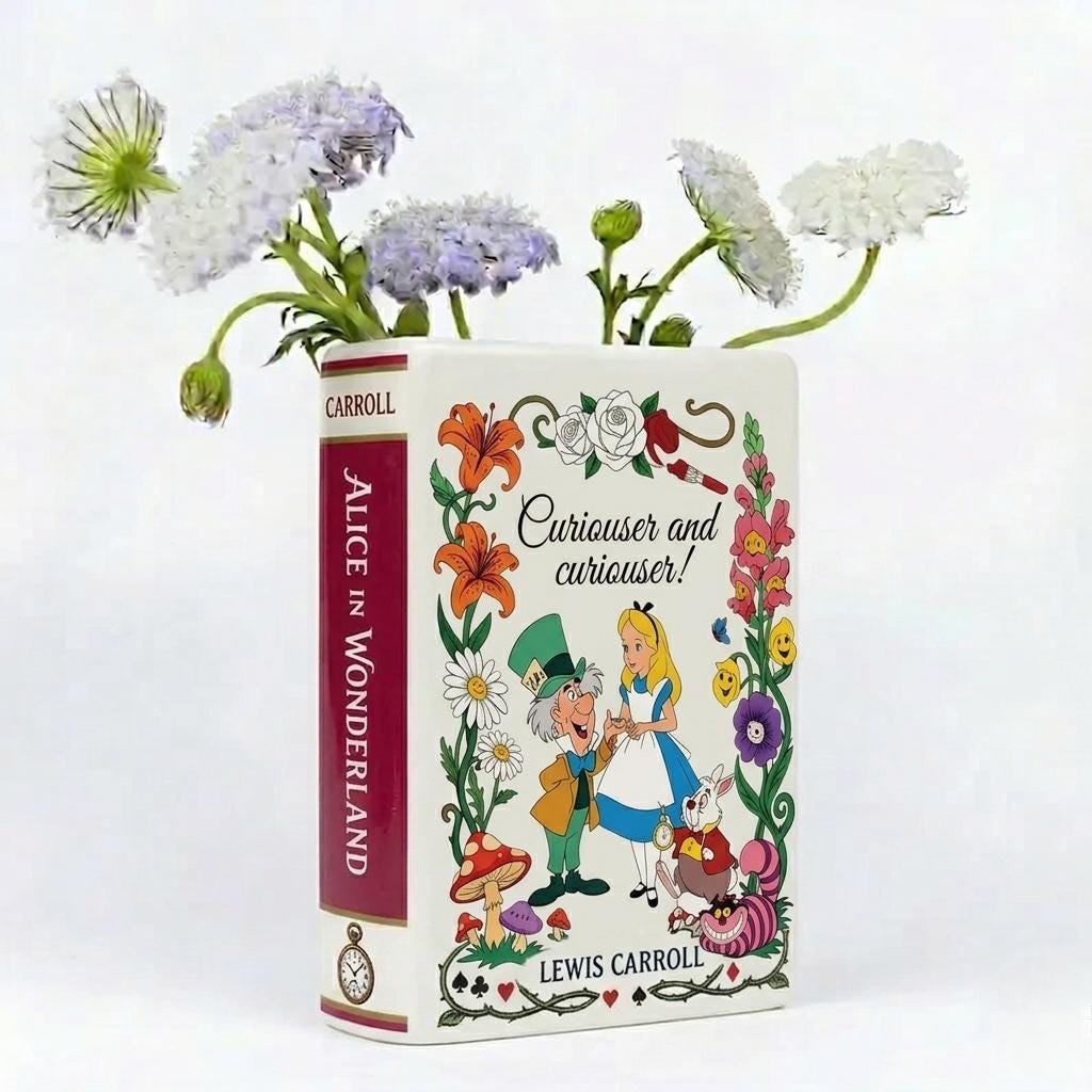 Alice's Adventures in Wonderland Ceramic Book Vase, Floral Bookshelf Vase,reading Room Flower Vase, Book Lover Gift,birthday Gift,mother Day