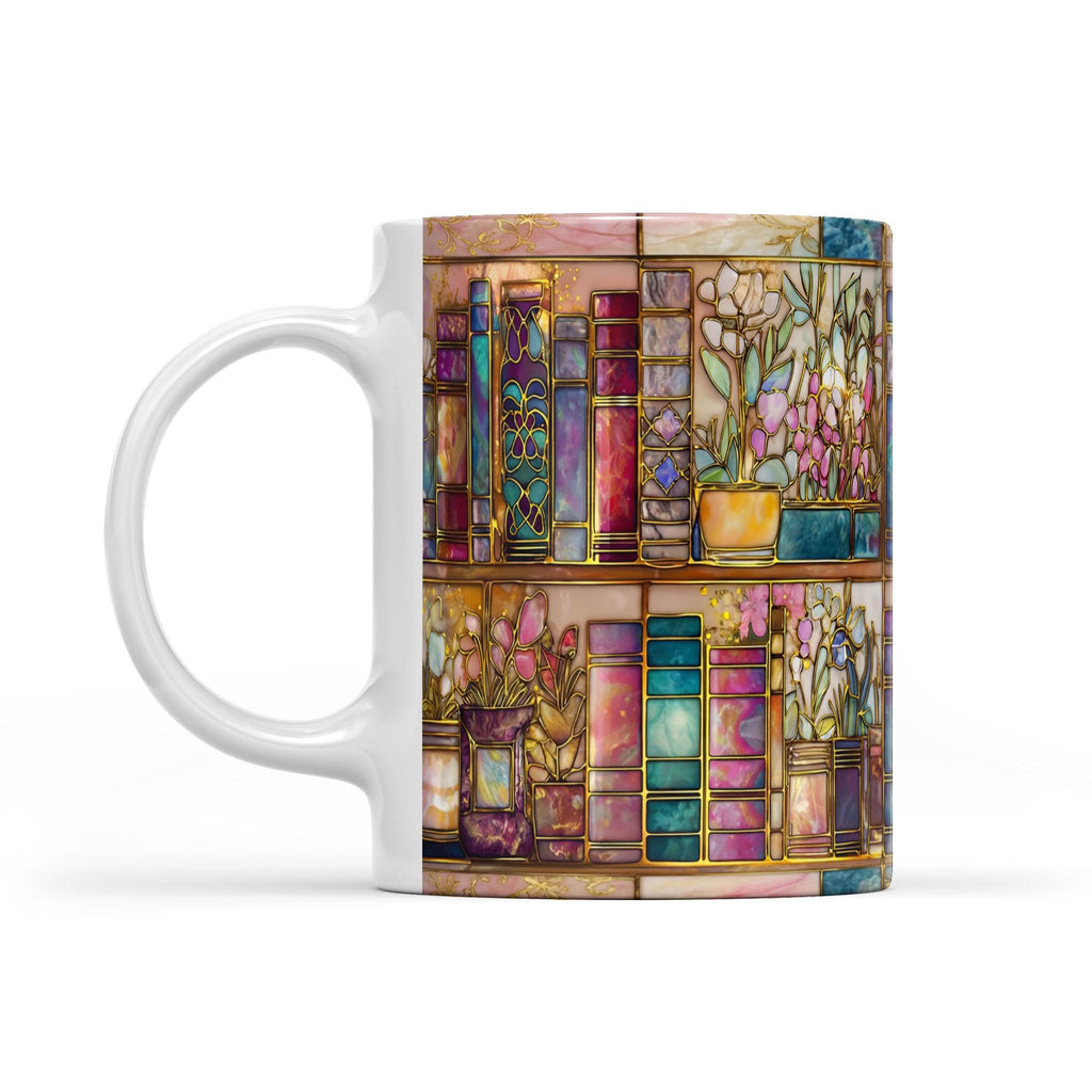Printed Faux Stained Glass Bookshelf Mug, Book Lover Coffee Cup, Floral Library Art Mug, Reader Gift, Aesthetic Bookish Mug, High-Quality Ceramic Mug – Perfect for Coffee & Tea