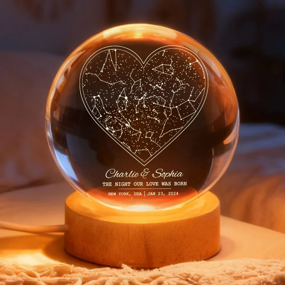 Star Map By Date Couple - Personalized Crystal Ball LED Night Light, Personalized Magical Gift for Her/Him Birthday, Anniversary Memorial Keepsake Night Lamp Decor