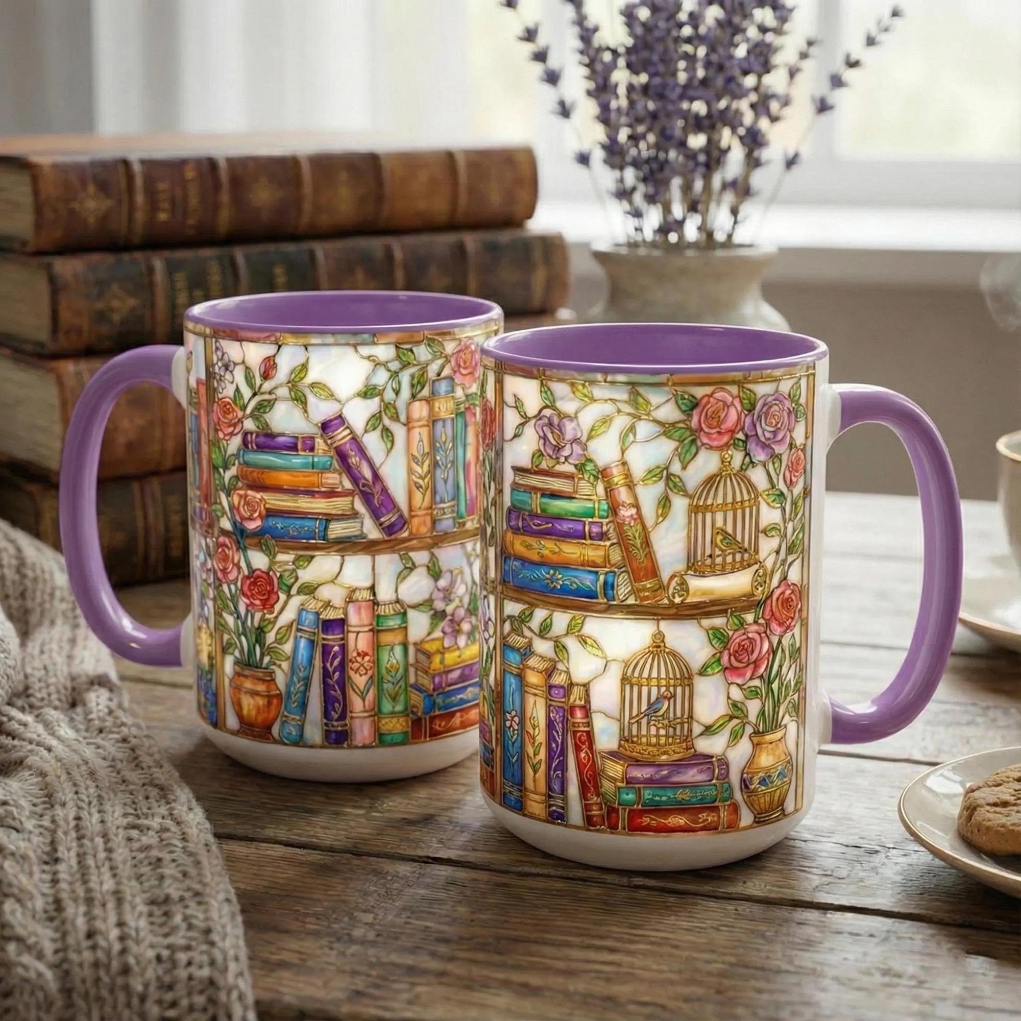 Stained-glass Style Floral Bookshelf Mug, Book Lover Gift, Bookish Mug, Library Cup, Gift Mug – Thoughtful Design for Coffee Lovers