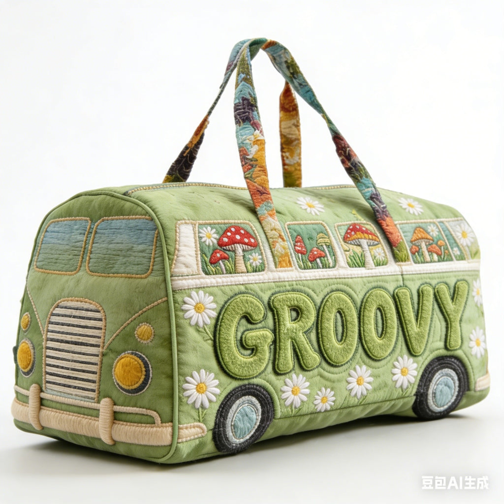 Cute Bus Duffle Bag for Women, Daisy Mushroom Print Travel Weekender Bag, Large Capacity Overnight Handbag