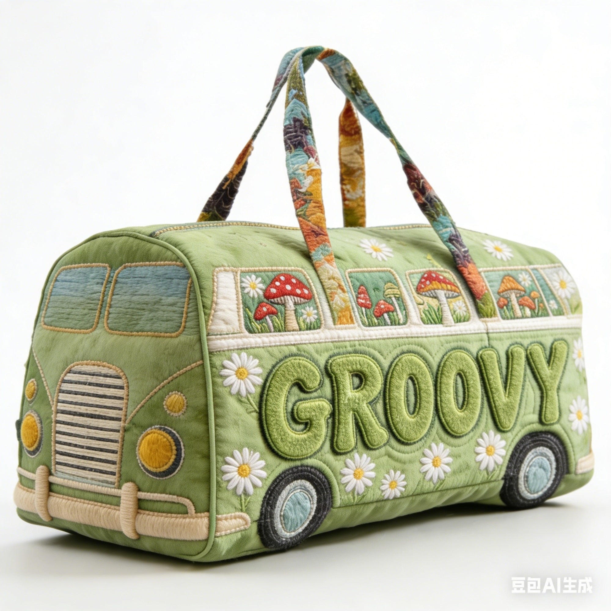 Cute Bus Duffle Bag for Women, Daisy Mushroom Print Travel Weekender Bag, Large Capacity Overnight Handbag