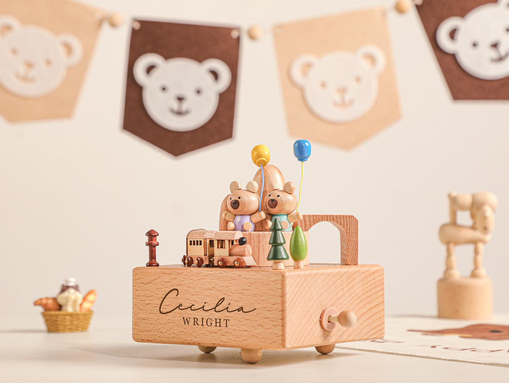Bear Paradise Train Birthday Music Box, Custom Wooden Handmade Music Box, 1st Birthday, Personalised Music Box Gift, Newborn Gift, Christmas