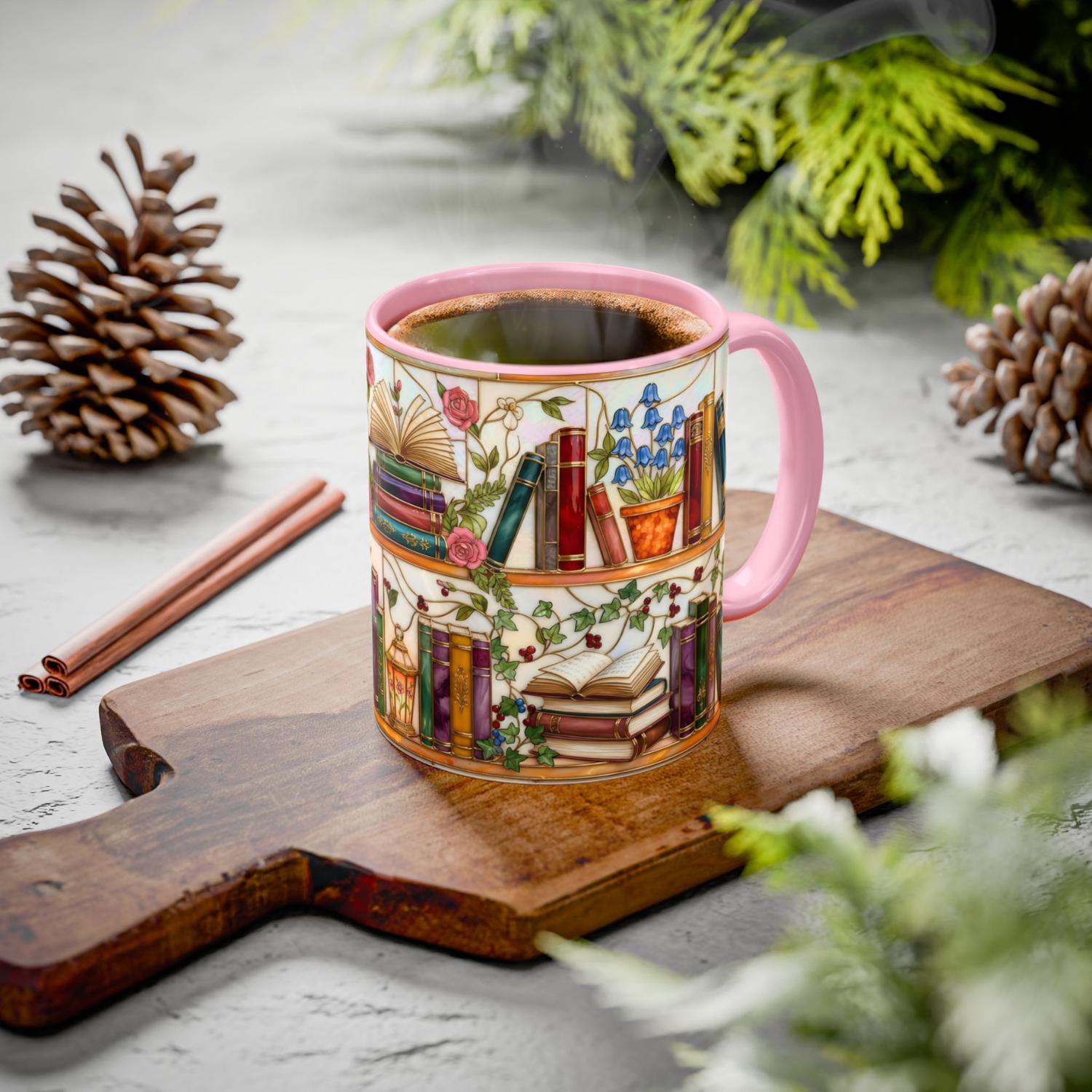 Stained Glass Bluebell Mug, Floral Ivy Bookshelf Cup, Cottagecore Reader Gift, Rose Library Art, Botanical Book Lover, 11oz 15oz, Gift Mug – Thoughtful Design for Coffee Lovers