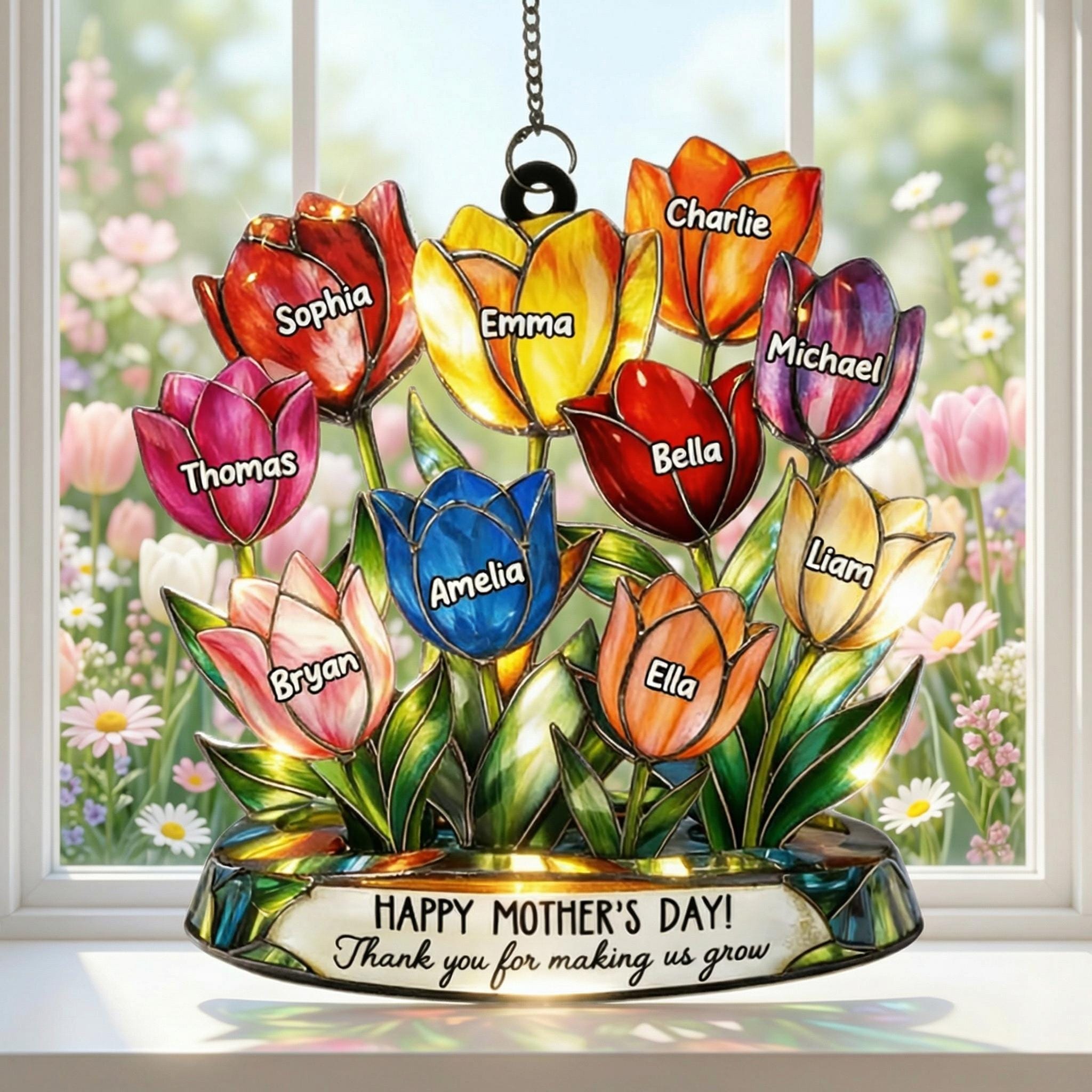 Personalized Tulip Glass Suncatcher, Custom Tulip Family Window Hanging, Gift for Mom, Mother’s Day Gift, Custom Names Flower Decor