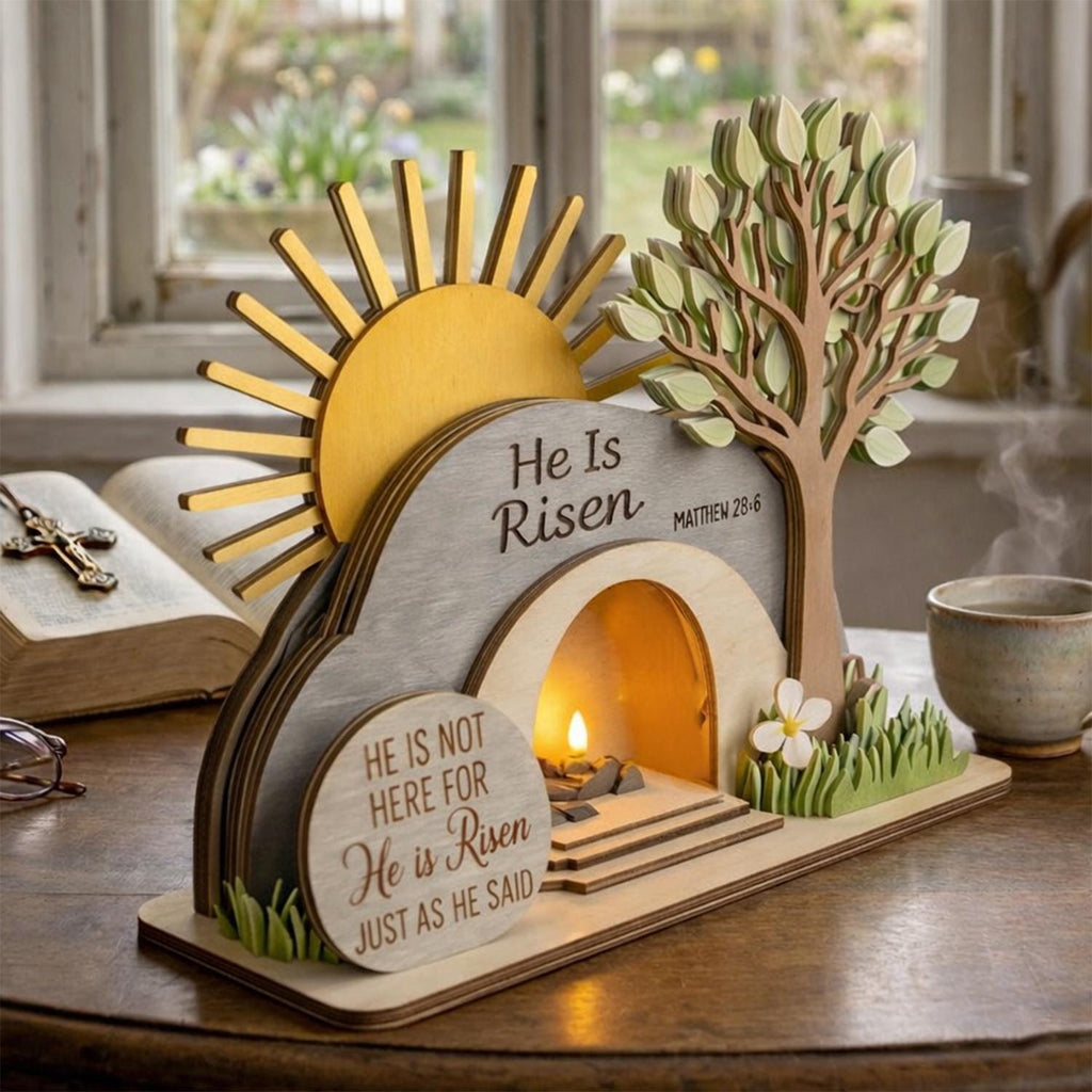 He is Risen Easter 3 Layer Wooden Block, Christian Resurrection Table Sign, Christian Religious Home Decor Gift, Empty Tomb Cross Wood Shelf
