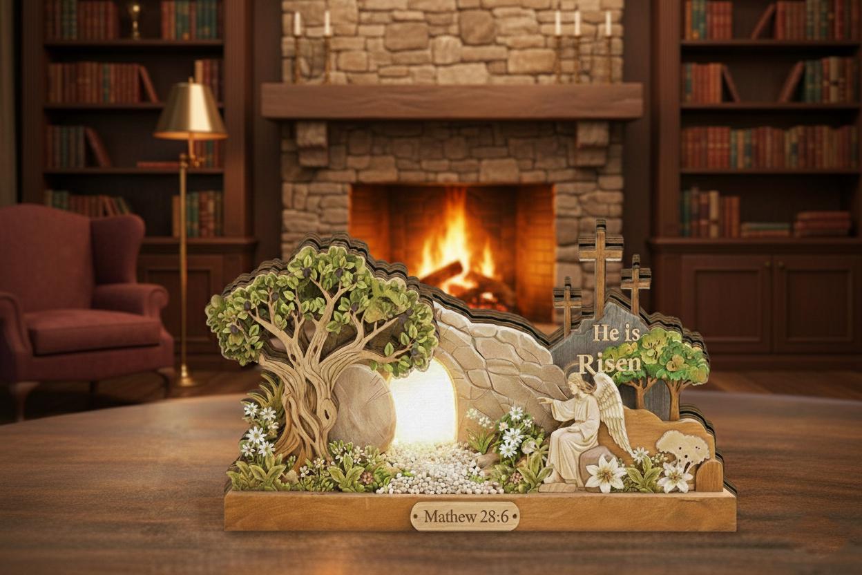 He is Risen Easter Wooden Block Sign, 2D Flat Empty Tomb Scene, Resurrection Christian Decor, Pastor Appreciation Church Gift