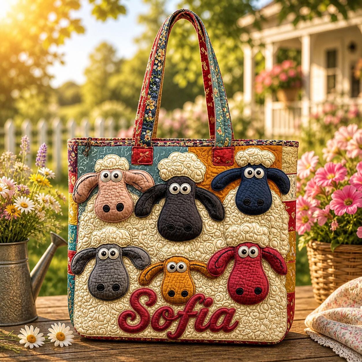 Personalized Happy Sheep Quilt Tote Bag, Custom Name Funny Sheep Tote, Cute Farm Animal Bag, Quilted Shoulder Bag, Handbag for Animal Lover