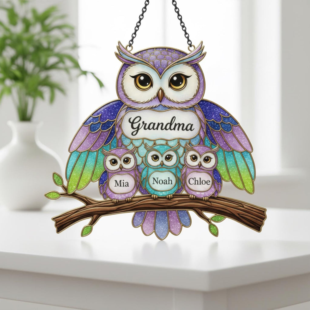 Personalized Owl Family Suncatcher, Custom Name Grandma Owl Acrylic Window Art, Faux Stained Glass Bird Decor, Mother's Day Gift