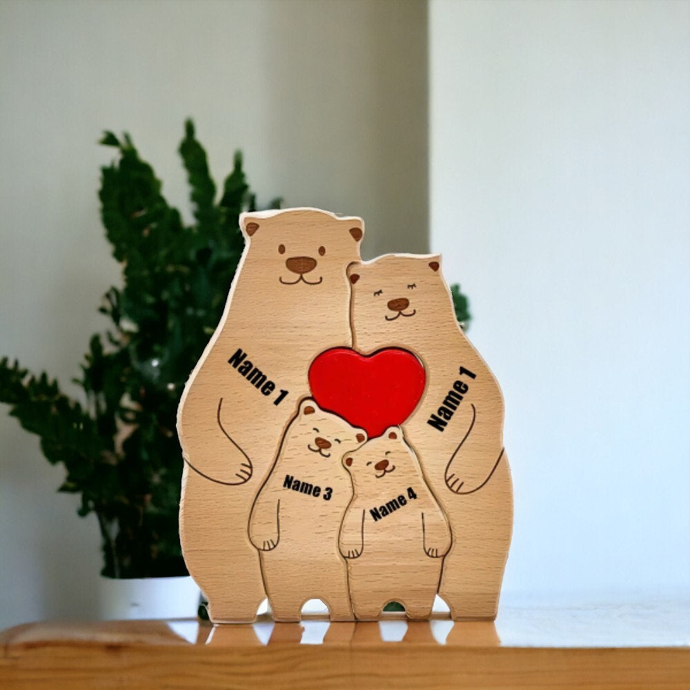 Personalised Wooden Bear Family Puzzle _ Custom Engraved Figurines _ Woodland Family Keepsake Gift for Mum, Dad & Kids, Rustic Home Decor