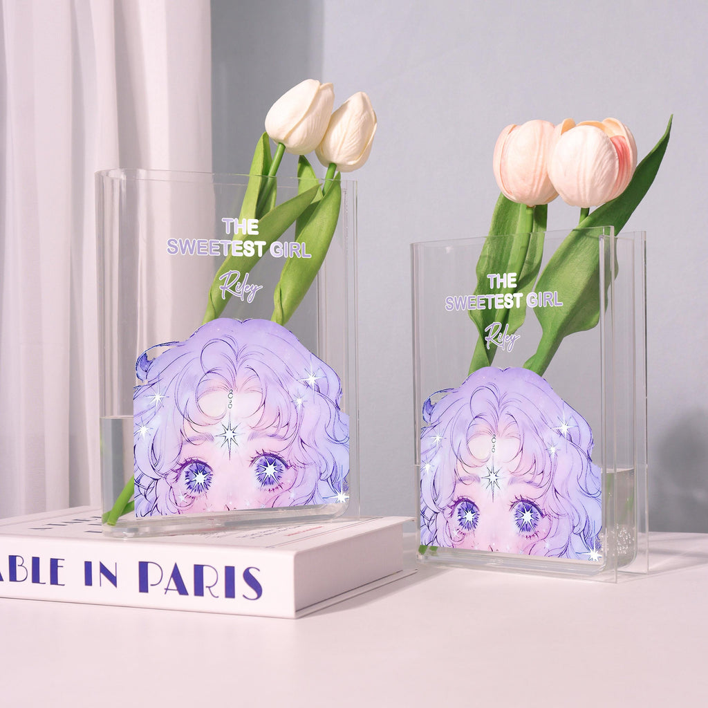 Anime Girl Acrylic Book Vase, the Sweetest Girl Bookish Vase, Cute Girl Face Book Shaped Vase, Aesthetic Decor, Custom Gift for Book Lovers