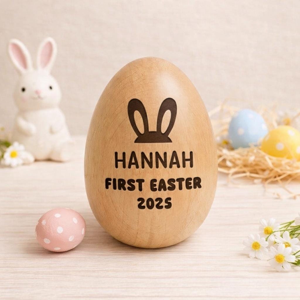 Personalized Wooden Easter Egg Shaker, Custom Baby First Easter 2026 Gift, Engraved Musical Egg for Toddlers, Montessori Wooden Toy