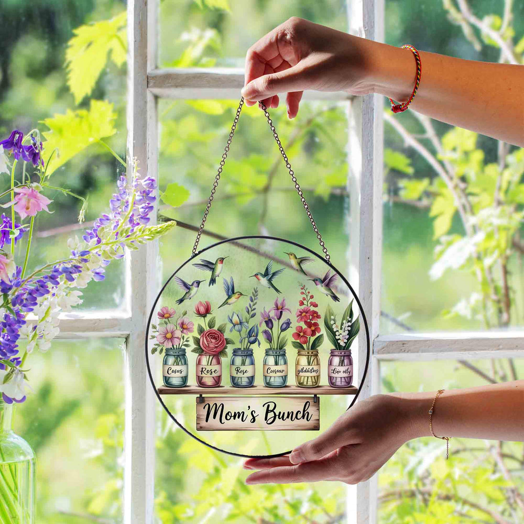 Personalized Grandma's Garden Suncatcher, Birth Month Flower Stained Glass Acrylic Window Hanging, Valentine Gift, Grandma Gift, Mom Gifts