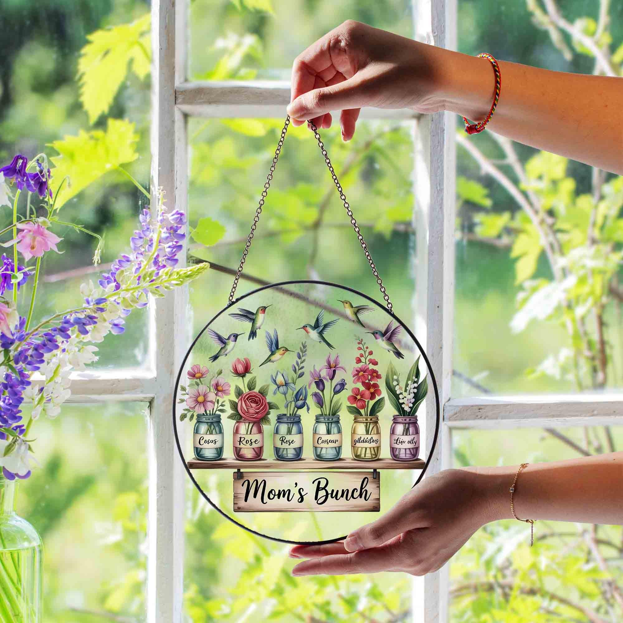 Personalized Grandma's Garden Suncatcher, Birth Month Flower Stained Glass Acrylic Window Hanging, Valentine Gift, Grandma Gift, Mom Gifts