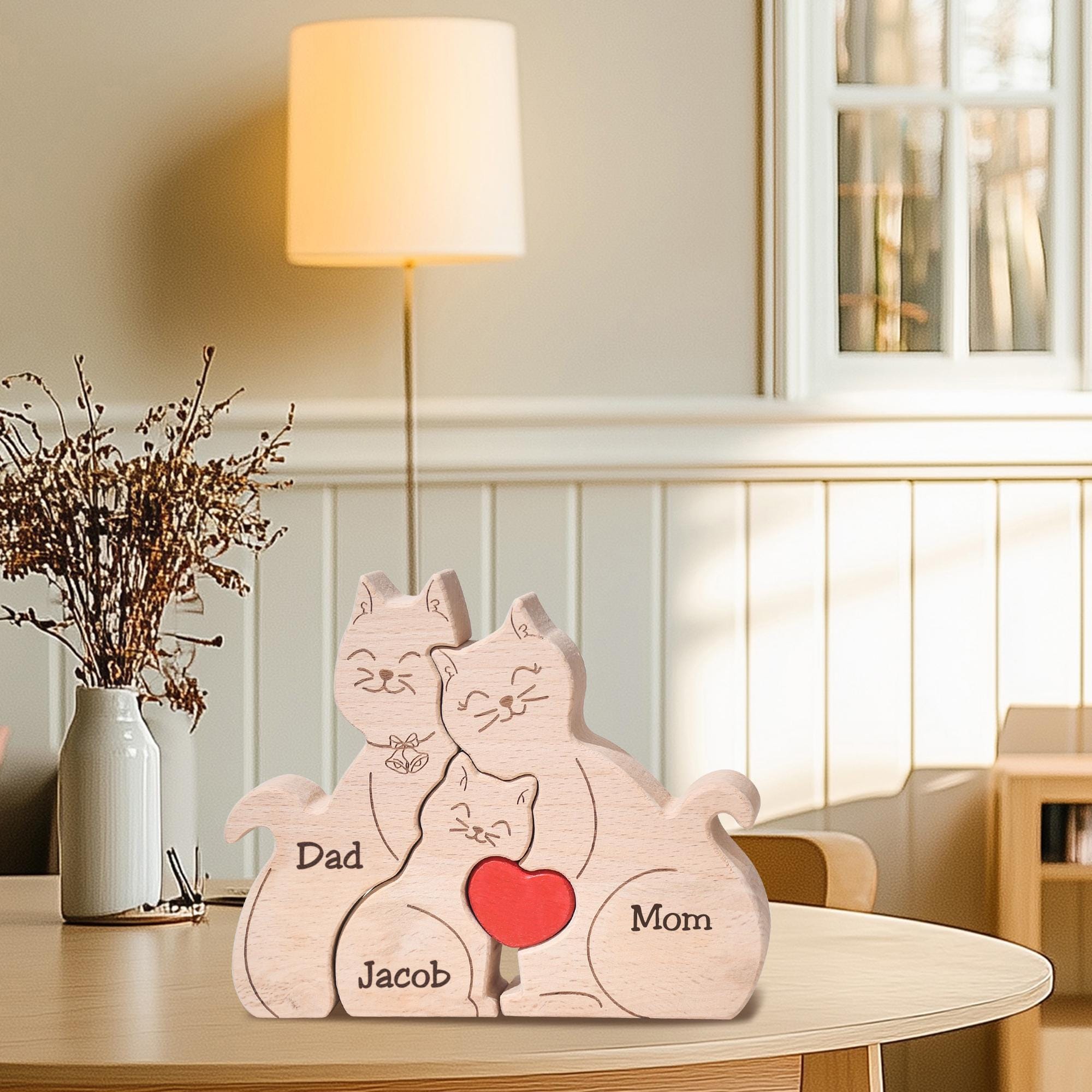 Personalized Wooden Cat Family Puzzle, Family of 4 Home Decor, Engraved Family Name Keepsake, Anniversary Gift for Her, Christmas Gifts