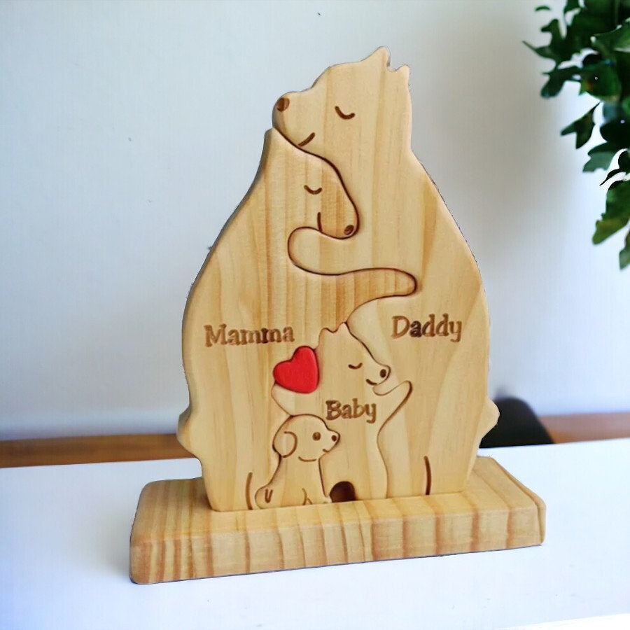 Wooden Bear Puzzle With Dog, Custom Keepsake, Personalized Family Present, Dog Lover Ornament, New Family Addition, New Puppy, Pet Gift Idea