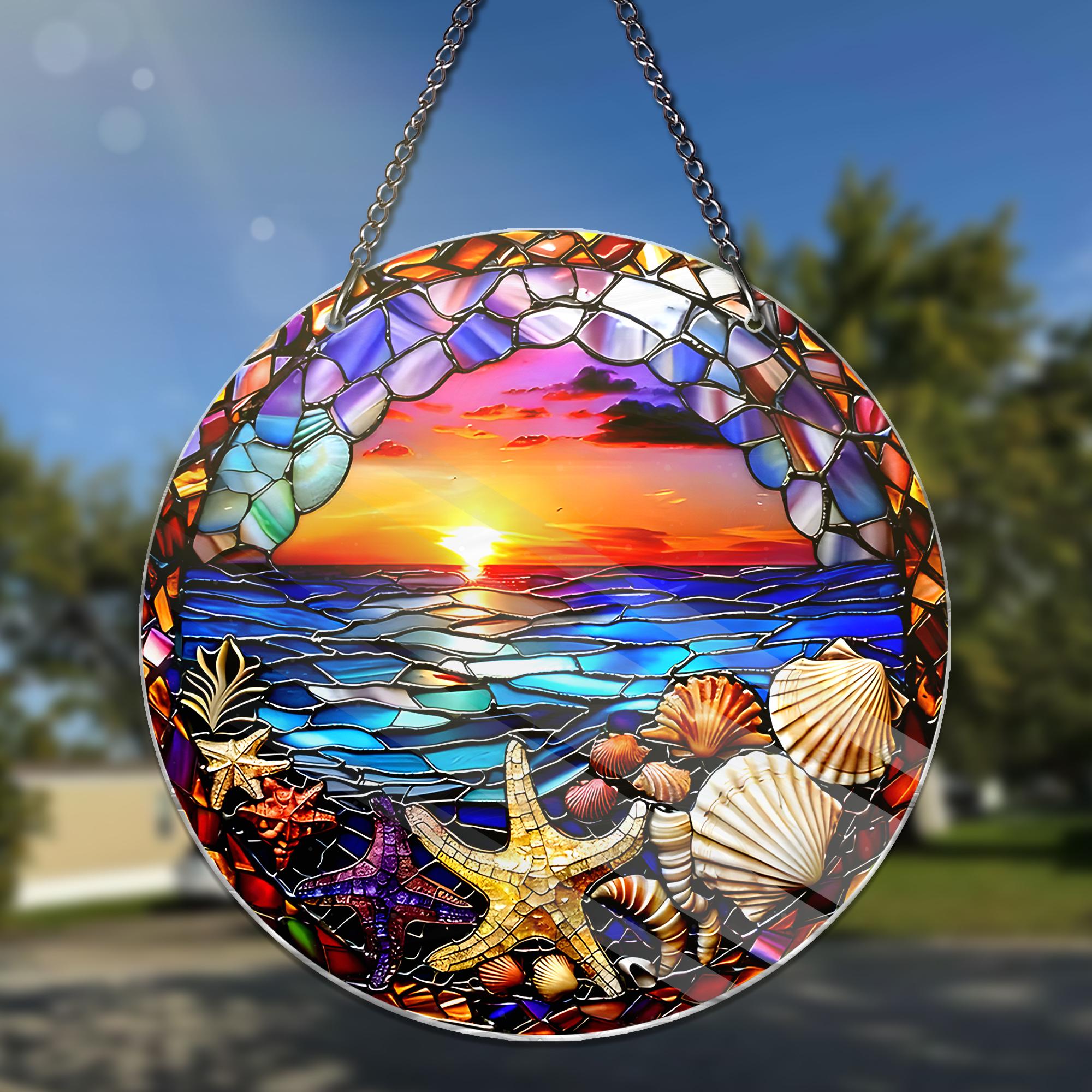 Sunset Beach ACRYLIC Window Hanging Decor Ocean Art Starfish Seashell Suncatcher Coastal Home Decor Unique Beach Lover Gift Beach Lover
