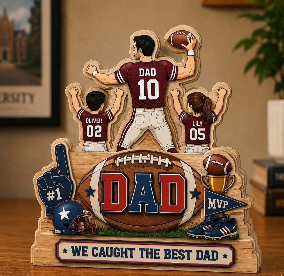 Personalized Football Dad Wooden Block, Custom Kids Names, Father's Day Sports Desk Keepsake