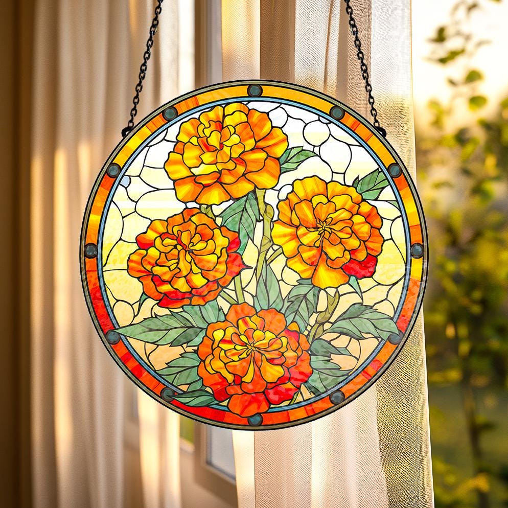 Custom Birth Month Floral Stained Glass Suncatcher, Personalized Garden Gift for Mom, Window Hanging Birth Flower Ornament
