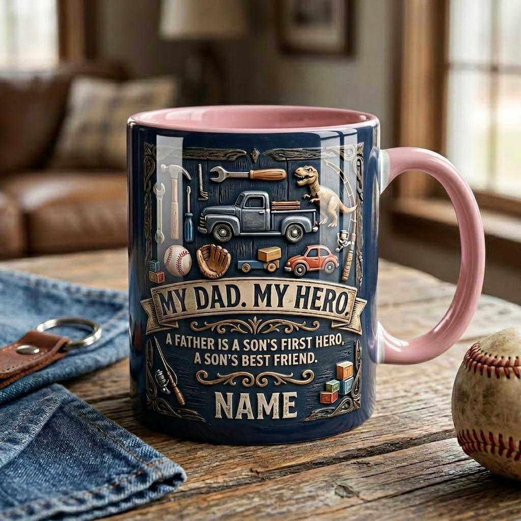 Personalized My Dad My Hero Mug, Faux 3D Effect Ceramic Cup, Custom Father’s Day Coffee Mug, Dad Appreciation Gift