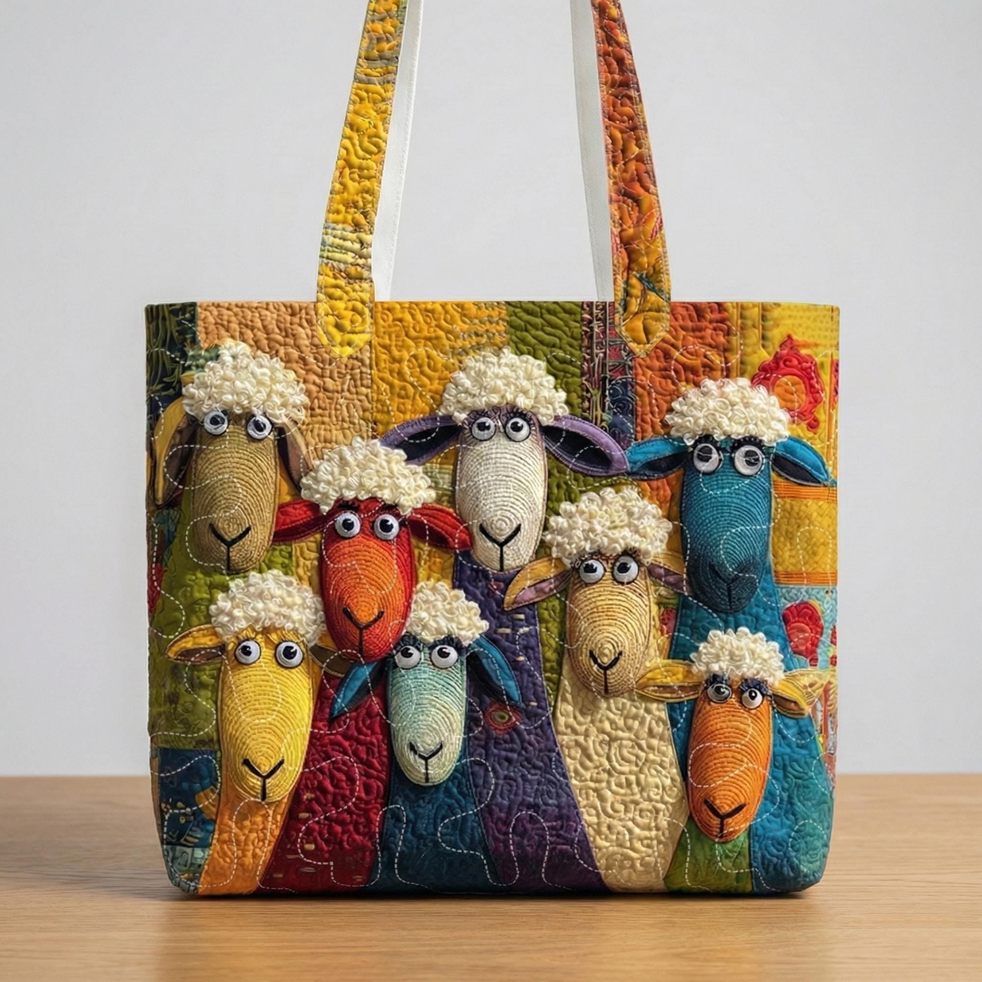 Personalized Colorful Sheep Quilted Tote Bag – Farm Sheep Fabric Tote, Animal Lover Gift