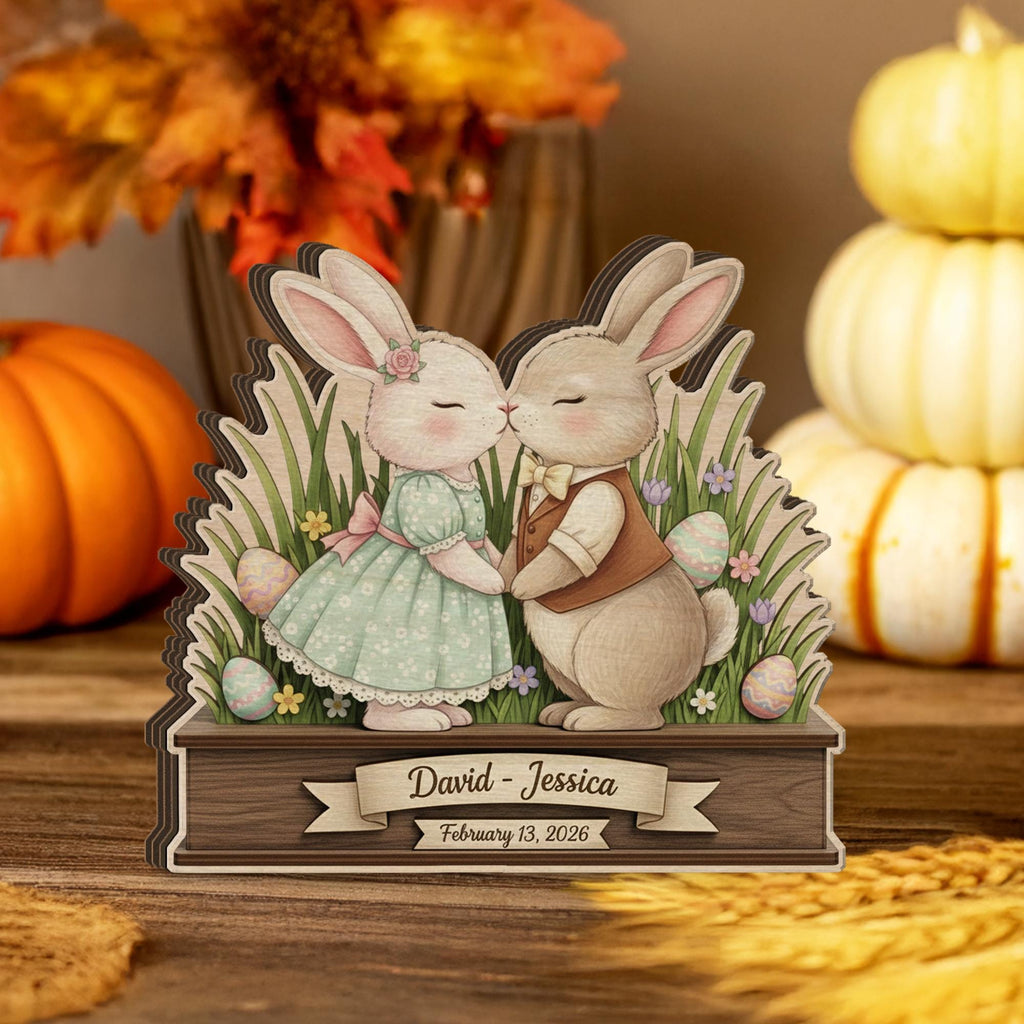 Personalized Wooden Block Easter Bunny Couple Decor, Layered Spring Rabbit Shelf Sign