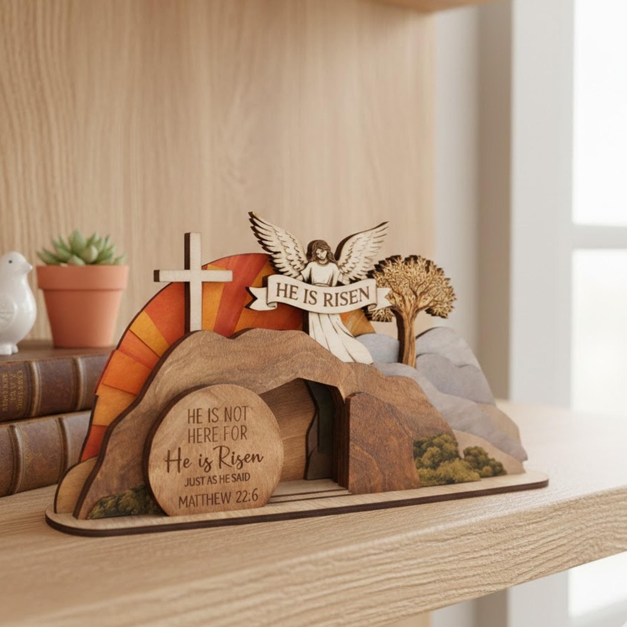 He is Risen Empty Tomb Wooden Sign, Resurrection Scene Easter Decor, Christian Home Display, Religious Bible Verse Gift