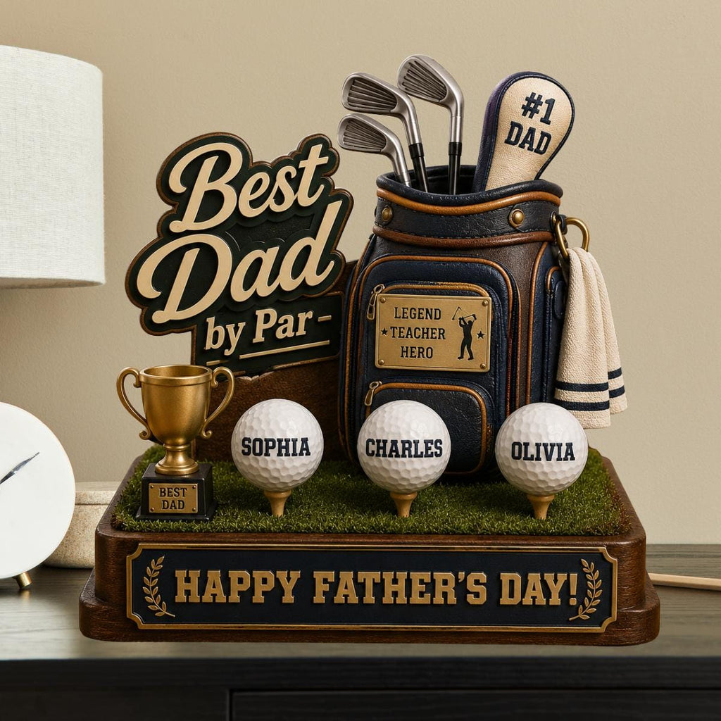 Personalized Best Dad by Par Custom Kid Name Wooden Block Decor Home- Father's Day Gift for Golf Dad, Husband From Son Daughter