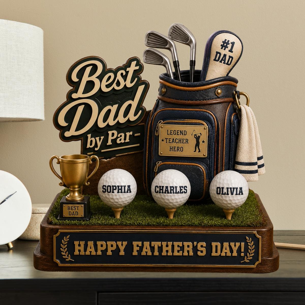 Personalized Best Dad by Par Custom Kid Name Wooden Block Decor Home- Father's Day Gift for Golf Dad, Husband From Son Daughter