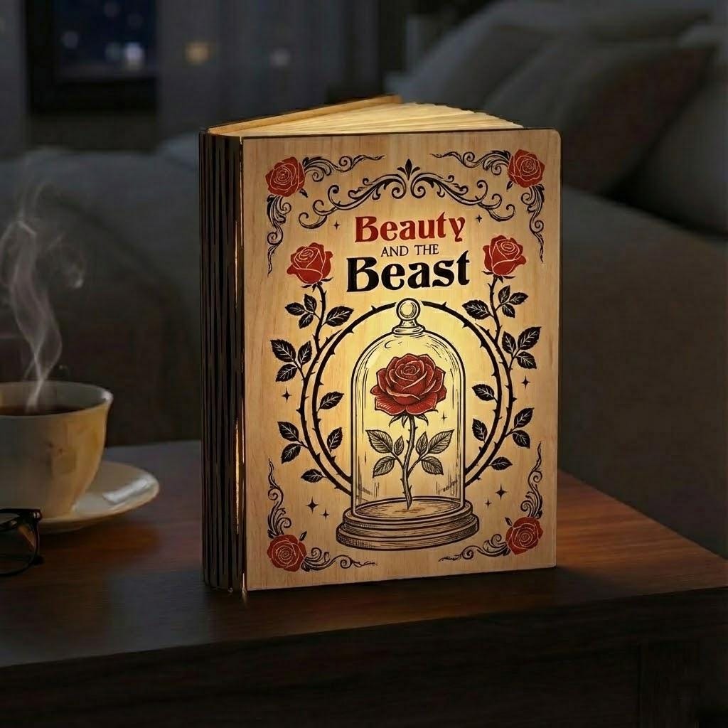 Beauty and the Beast Book Lamp, Disney Enchanted Rose Folding LED Light, Tale as Old as Time Reading Lamp, Disney Fairytale Night Light