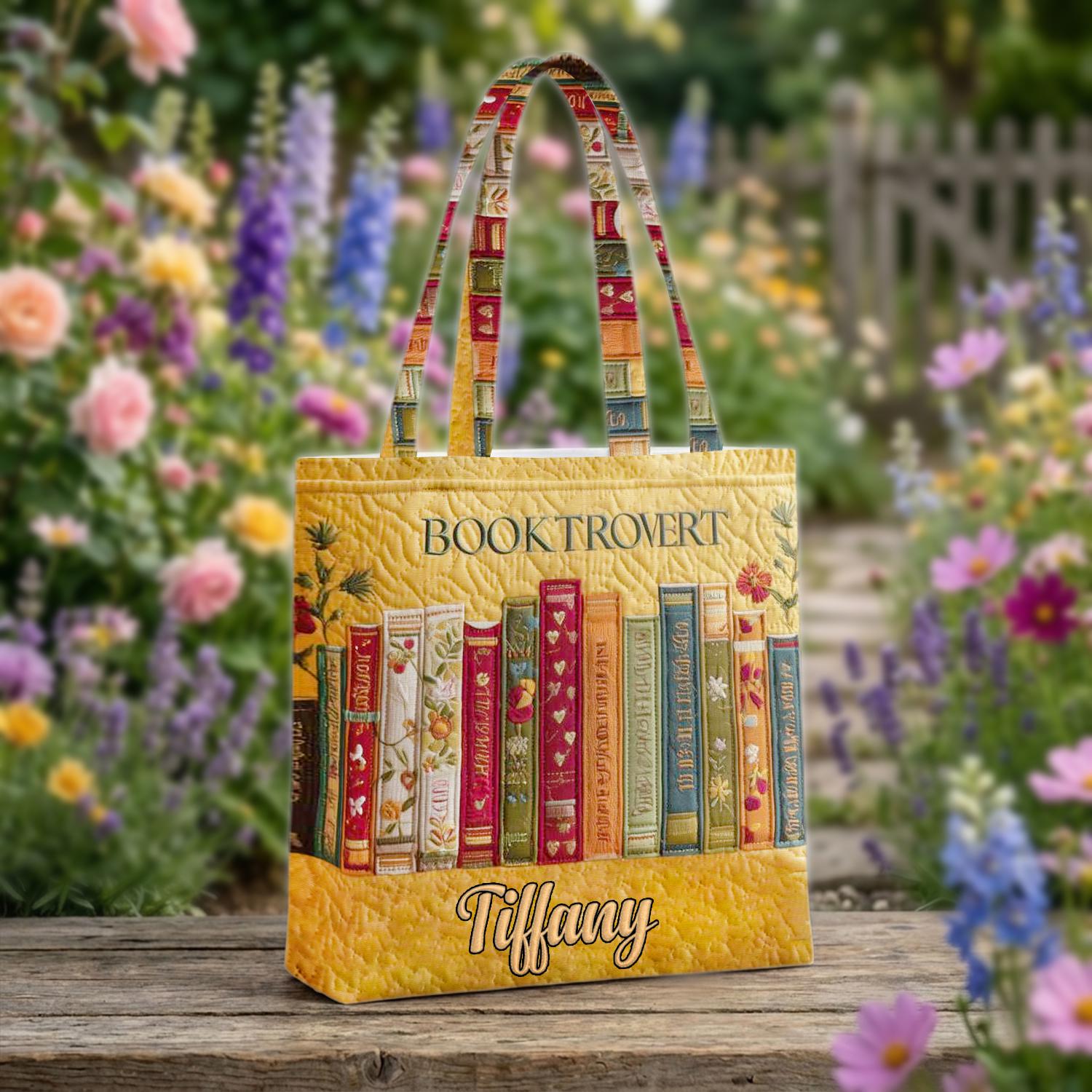 Custom Name Booktrovert Quilted Tote Bag, Personalized Book Lover Gift, Aesthetic Reader Shoulder Bag, Library Tote, Bibliophile Gift