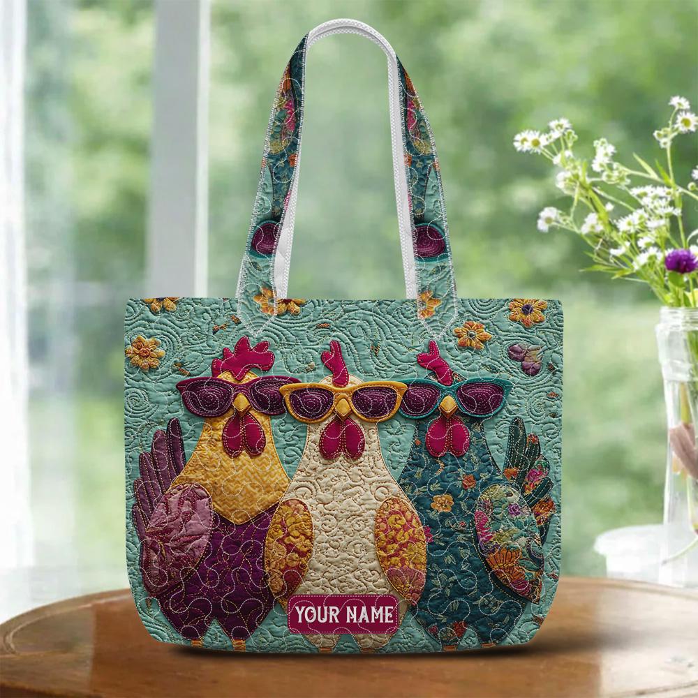 Personalized Chicken Quilted Tote Bag – Funny Chicken Mom Shoulder Bag, Colorful Farm Animal Market Tote, Custom Name Gift for Women
