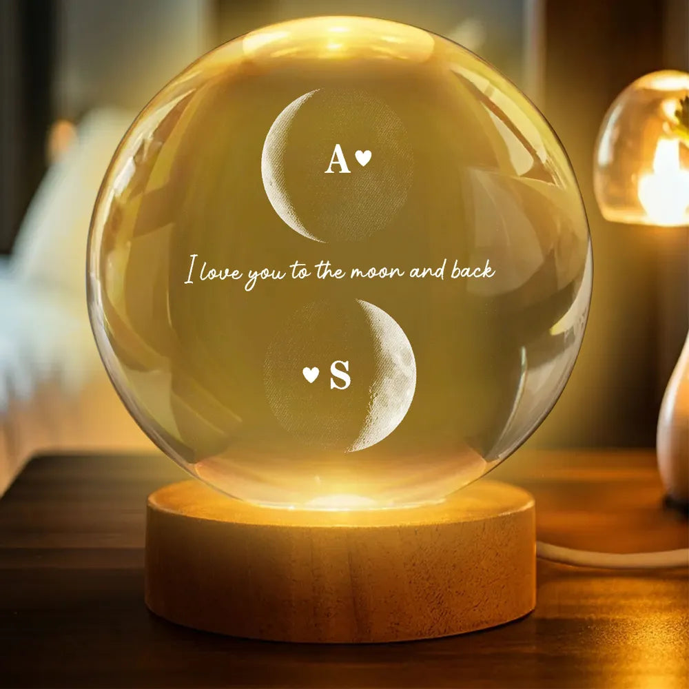 Custom Couple Moon Phase - Personalized Crystal Ball LED Night Light,  Moon Phase Print, Valentines Day Wedding Anniversary Gift For Couple
