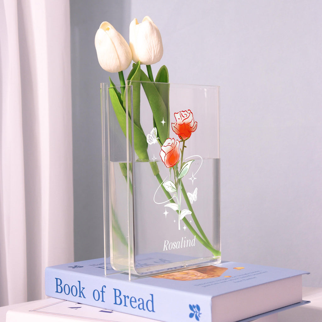 Red Rose Acrylic Book Vase, Line-art Butterfly Bookish Vase, Fairy Tale Flower Book Shaped Vase, Minimalist Rose, Custom Gift for Book Lover