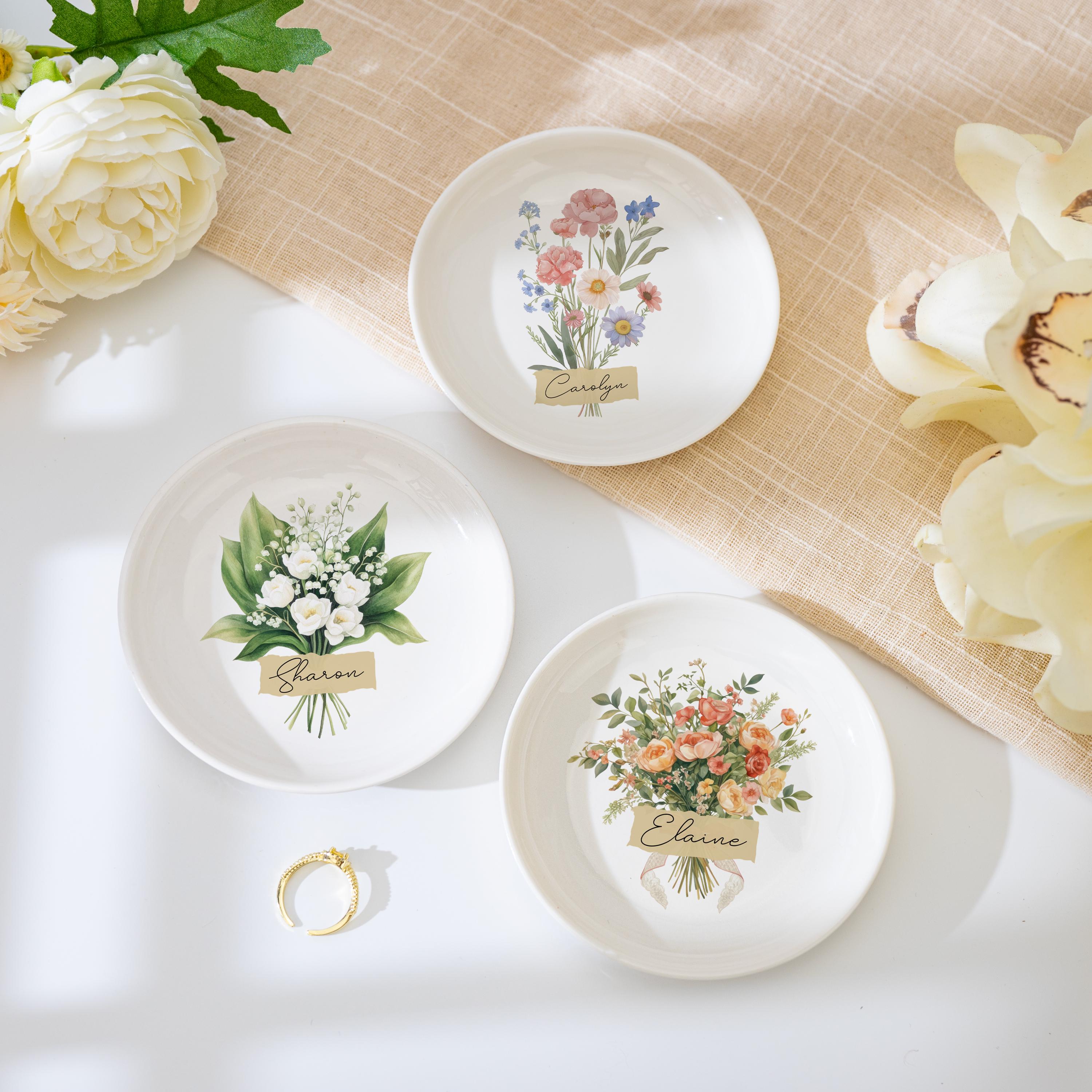 Personalized Flower Bouquet Trinket Dish, Custom Birth Flower Jewelry Dish, Gift for Her, Birth Month Flower, Bridesmaid Gifts, Wedding Gift